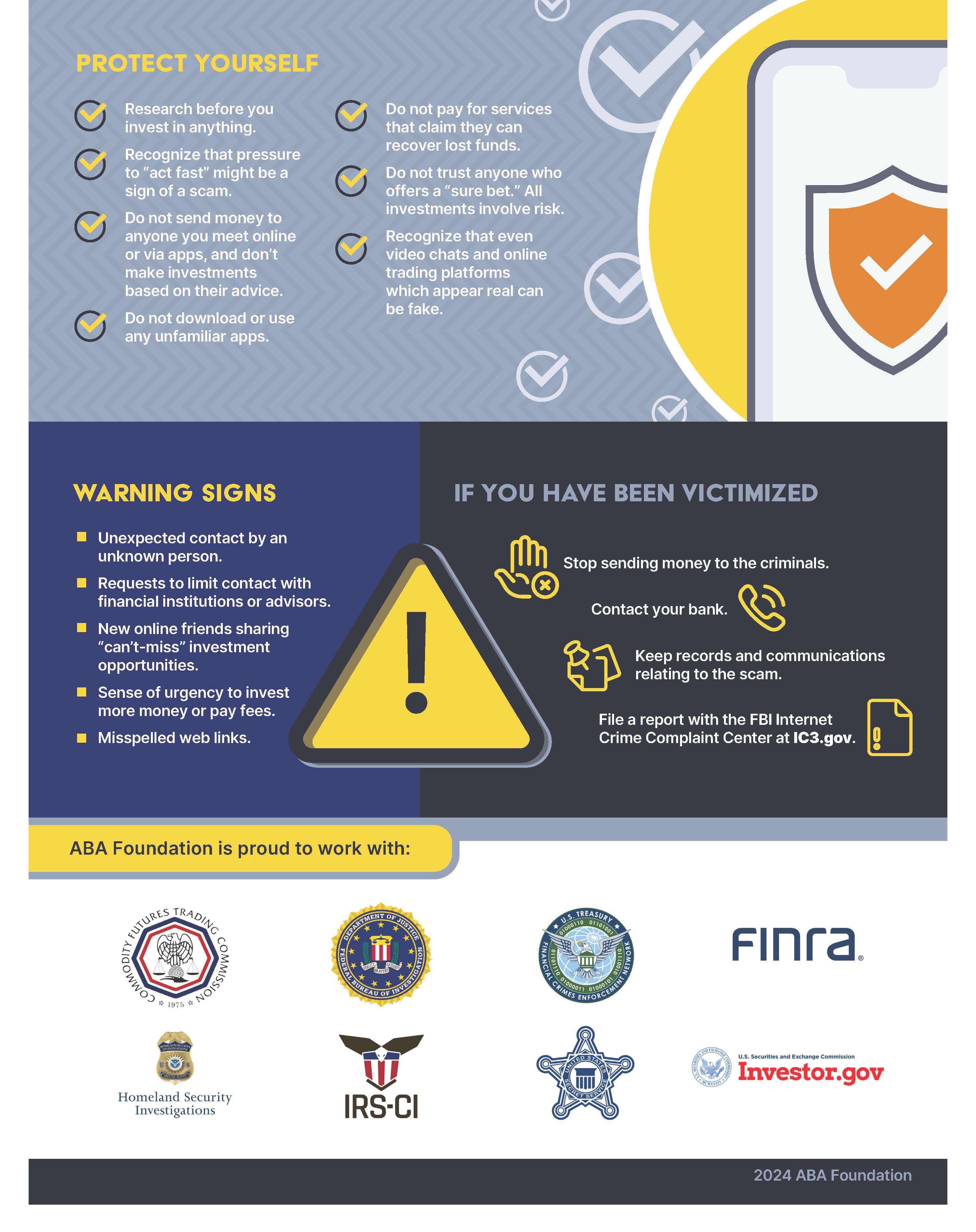 Infographic from American Bankers Association Foundation (ABA) detailing how to protect yourself from crypto scams.
